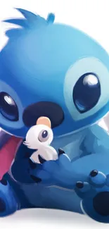 Cute blue cartoon character holding a small item.