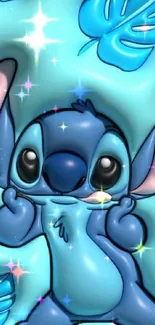 Cute blue cartoon character with sparkles and leaves.