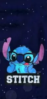 Charming blue cartoon character with sunglasses on a dark background.