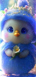 Cute cartoon chick with flower in a forest.