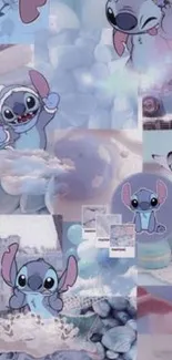 Cute blue cartoon collage wallpaper with playful characters.