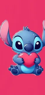Cute blue cartoon creature holding a heart against a pink background.