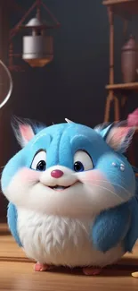 Cute cartoon hamster in cozy room with blue fur and warm lighting.