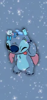 Cute cartoon character with stars on a blue background.