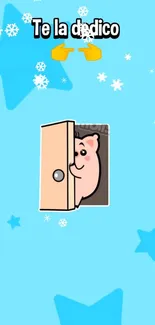 Cute cartoon pig peeks through a door on a blue starry background.