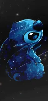 Cute blue cartoon character with starry backdrop.