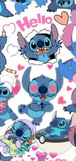 Adorable blue cartoon with hearts and smiles, perfect for a cheerful phone wallpaper.