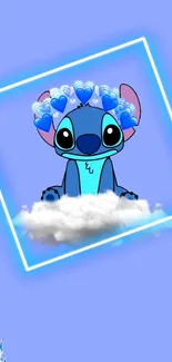 Cartoon character with hearts in a blue background.