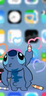 Cute blue cartoon character on a vibrant mobile screen.