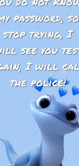 Cute blue cartoon character with funny text on a light blue background.