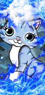 Whimsical blue cartoon cat with electric energy.