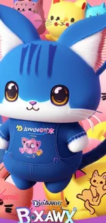 Blue cartoon cat among colorful kawaii kittens.