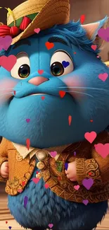 Blue cat in a cute outfit with hearts.