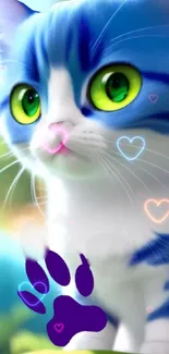 Blue-striped cat with green eyes and hearts in whimsical setting.