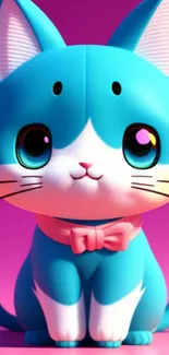 Cute blue cartoon cat with pink background.