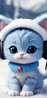 Adorable blue cartoon cat wearing headphones in the snow.