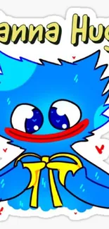 Cute blue cartoon character with 'Wanna Hug!!' text.