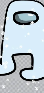 Cute cartoon character on light blue background with snowflakes.