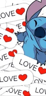 Cute blue cartoon character with love icons.