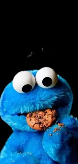 Blue character munching on a cookie in vibrant wallpaper design.