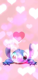 Cute blue character with pink heart on pastel background.