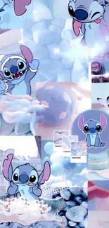 Playful blue character in pastel collage wallpaper.