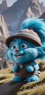 Cute blue creature in mountain landscape, wearing a hat.