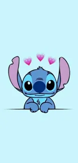 Cute cartoon blue creature with pink hearts on a light blue background.