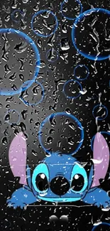 Cute blue cartoon creature with bubbles on a black background wallpaper.