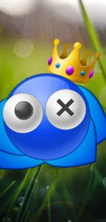 Cute blue creature with crown on green background.