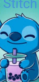 Cute blue cartoon creature with bubble tea.