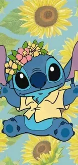 Cute blue creature with sunflowers and floral design.