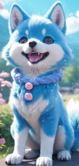 Cute blue cartoon dog in floral setting.