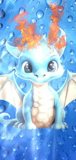 Cute blue dragon with fiery head and water droplets.