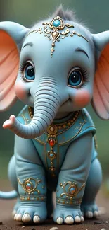 Cute blue elephant with ornaments on mobile wallpaper.