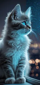 Fluffy kitten with blue eyes looking out the window against a night city backdrop.