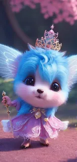 Adorable blue fairy creature with wings and a tiara in a magical garden.