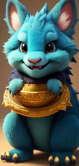 Cute blue fantasy creature holding a golden ring.