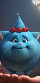 Cute blue furry creature with cherry headband in hand.