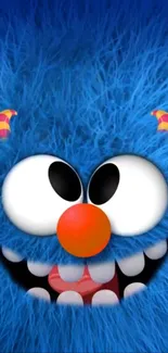 Adorable blue furry monster with red nose and big eyes.