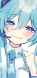 Anime character with blue hair smiling adorably in a pastel palette.