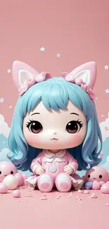 Cute anime girl with blue hair and pink cat ears on a pastel background.