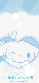 Cute cartoon character in blue heart wallpaper.