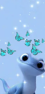 Adorable blue lizard with butterflies on a light blue background.