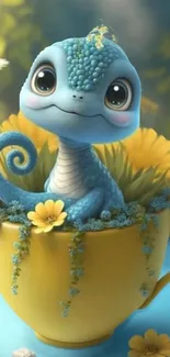 Cute blue cartoon lizard sitting in a yellow teacup with flowers.