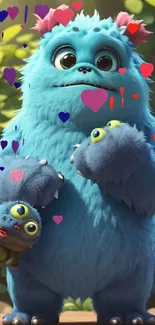 Cute blue monster holding plush toys in a leafy background.