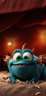 Cute blue monster in cozy room with warm lighting.