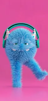 Cute blue monster with headphones on a pink background.