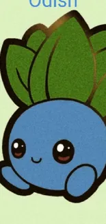 Cute blue cartoon plant with happy face and green leaves.