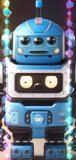 Cute blue robot in futuristic setting mobile wallpaper.